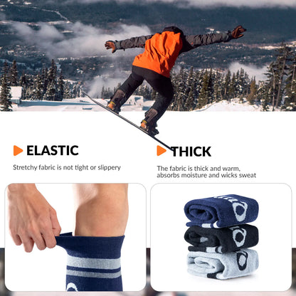 Person snowboarding with text on fabric properties and images of socks.