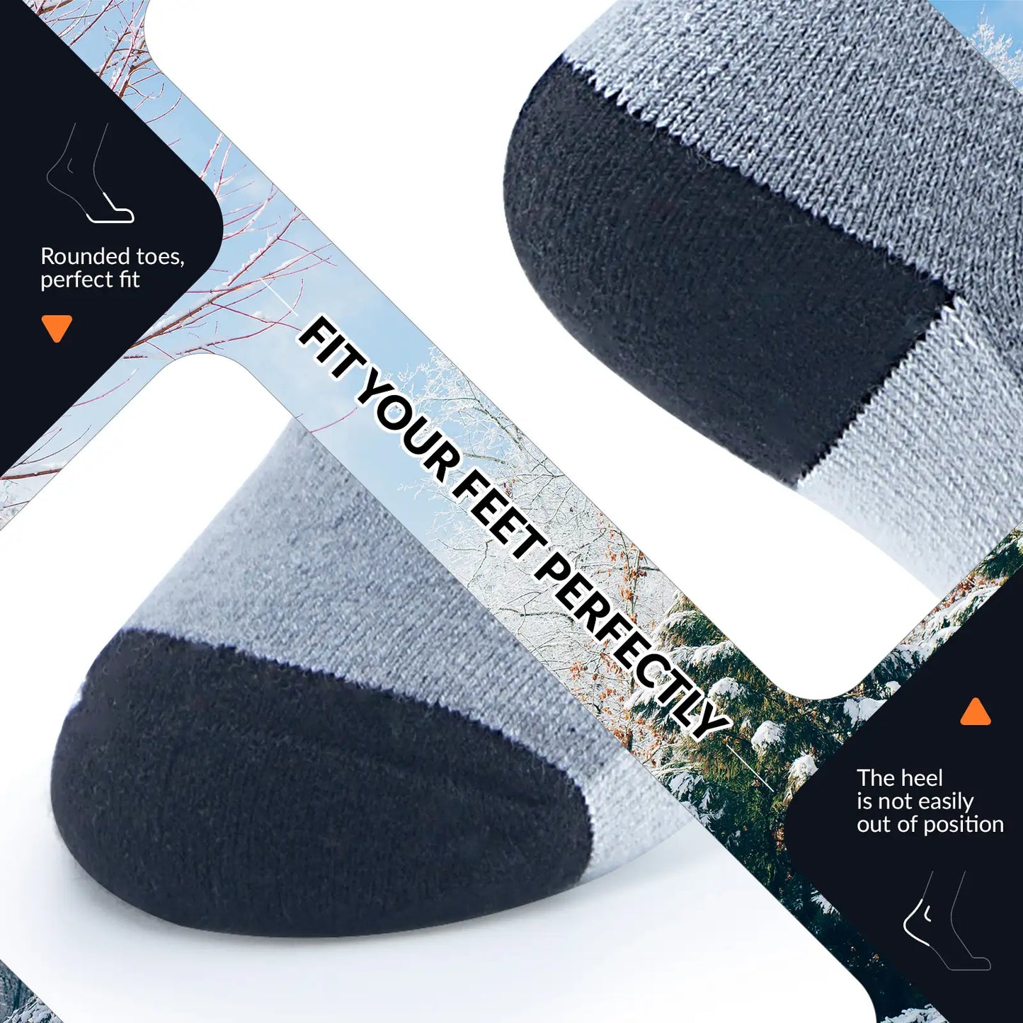 Gray and black socks with text on a nature-themed background