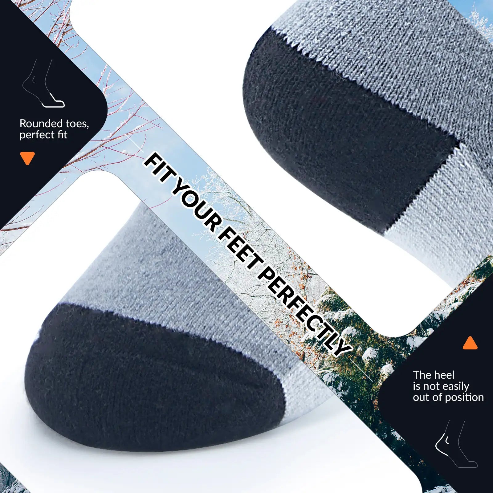 Gray and black socks with text on a nature-themed background