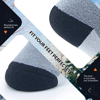 Gray and black socks with text on a nature-themed background