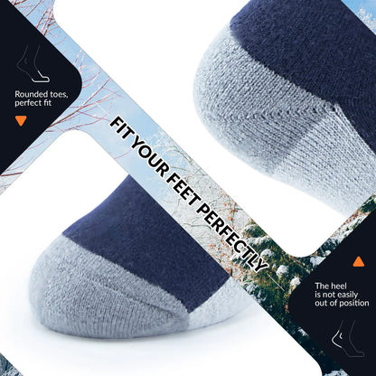 Gray and navy socks with text on a white background