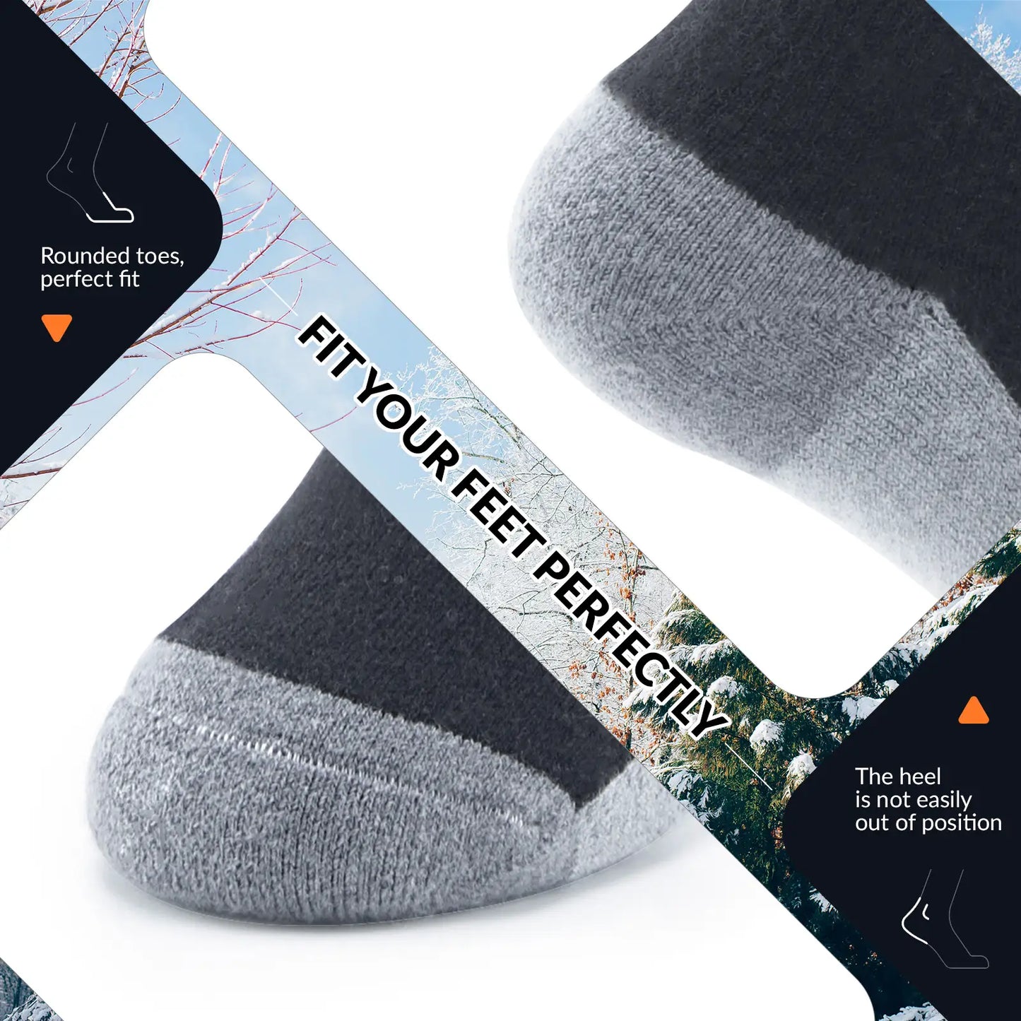 Gray and black socks with text highlighting fit and design features on a white background.