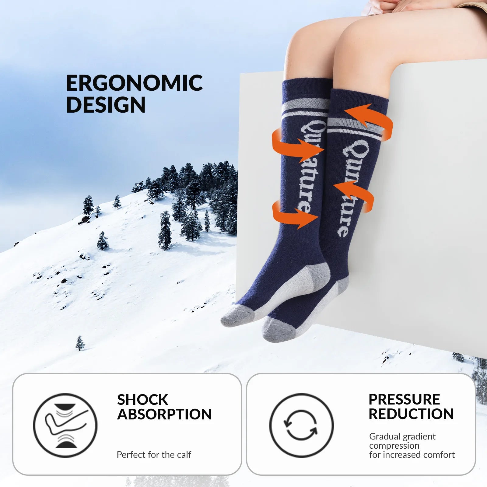 Person wearing compression socks with a snowy landscape in the background