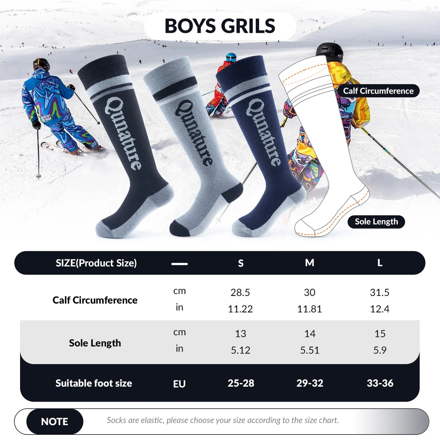 Quinature boys' ski socks with size chart and snow skiers in the background