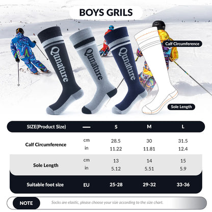 Quinature boys' ski socks with size chart and snow skiers in the background