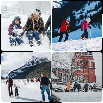 Collage of people enjoying snowy activities including snowball fight, hiking, and ice skating.