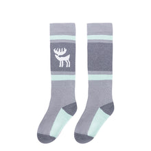 One pair of grey green knee-high ski socks with a reindeer pattern