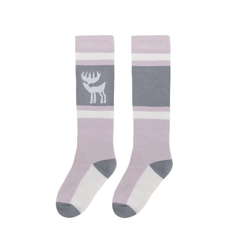 One pair of pink knee-high ski socks with a reindeer pattern