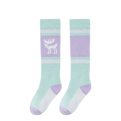 One pair of pink green knee-high ski socks with a reindeer pattern