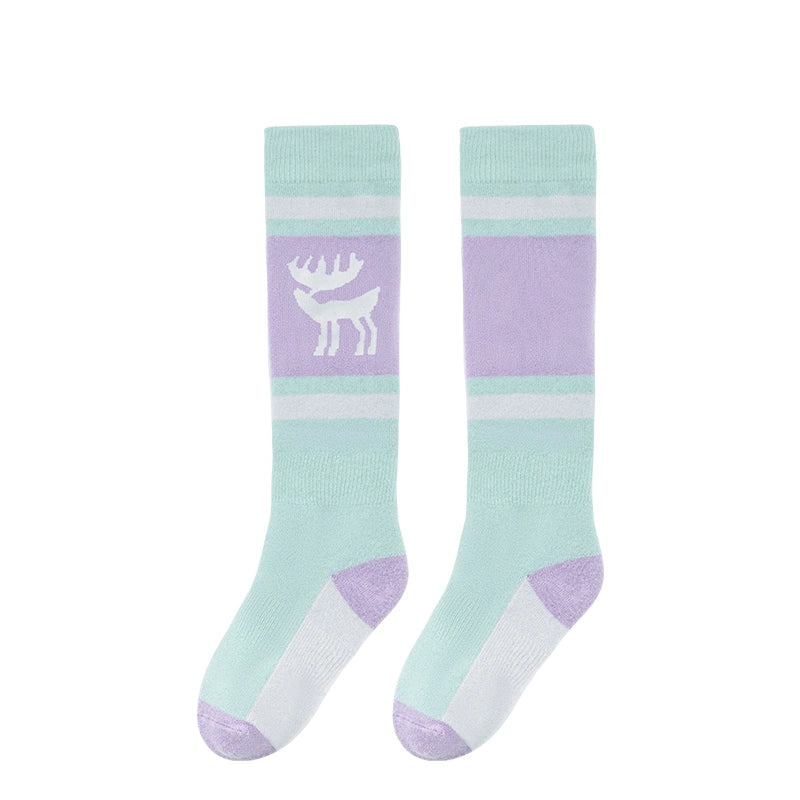 One pair of pink green knee-high ski socks with a reindeer pattern