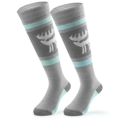 Gray knee-high socks with a logo and light blue stripes on a white background