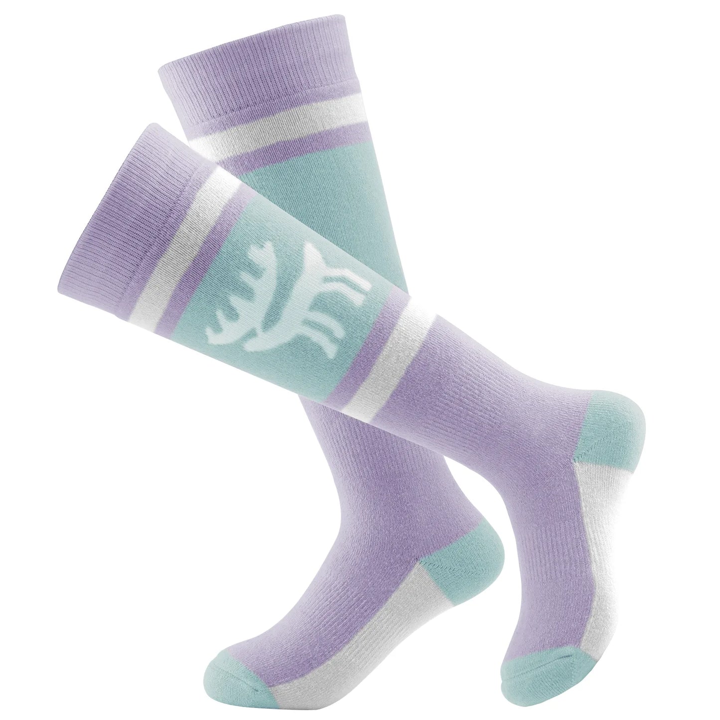Pair of purple socks with a light blue stripe and logo on a white background