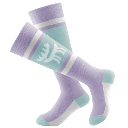 Pair of purple socks with a light blue stripe and logo on a white background