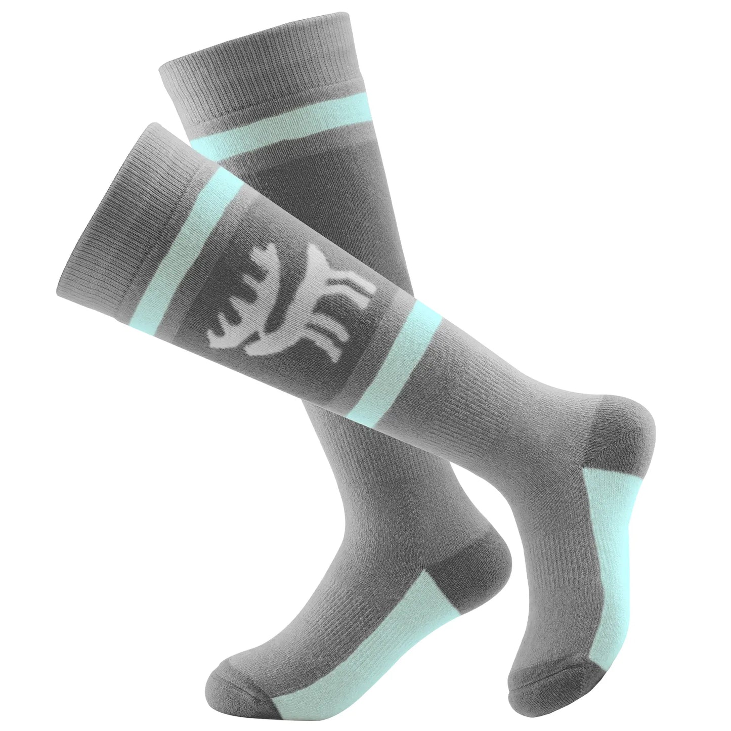 Gray socks with light blue accents on a white background