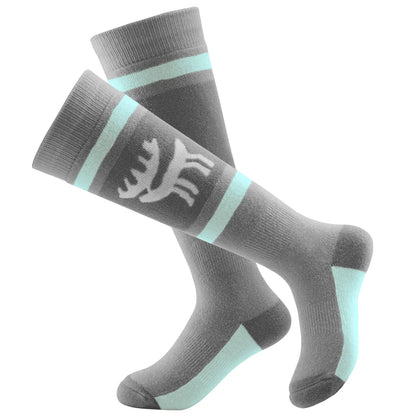 Gray socks with light blue accents on a white background