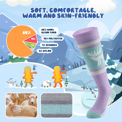 Wool Blend Kids Ski Socks, Knee-high Warm Thermal Snowboard Skating Socks for Boys & Girls