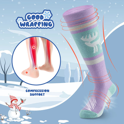 Colorful knee-high socks with reindeer design on a snowy background, featuring 'Good Wrapping' branding.