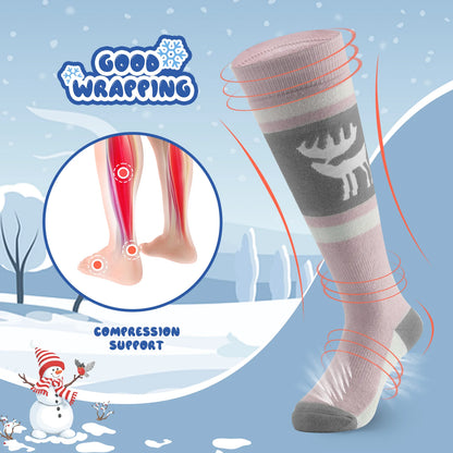 Compression sock with reindeer design on a snowy background, featuring 'Good Wrapping' branding.