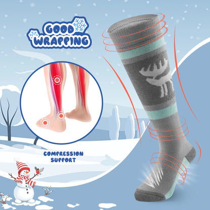 Compression sock with a snowy background and text about good wrapping and compression support.