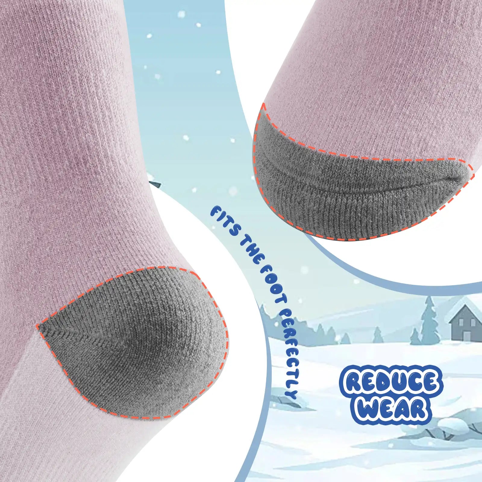 Close-up of socks with gray heel and toe reinforcements, set against a snowy landscape background.