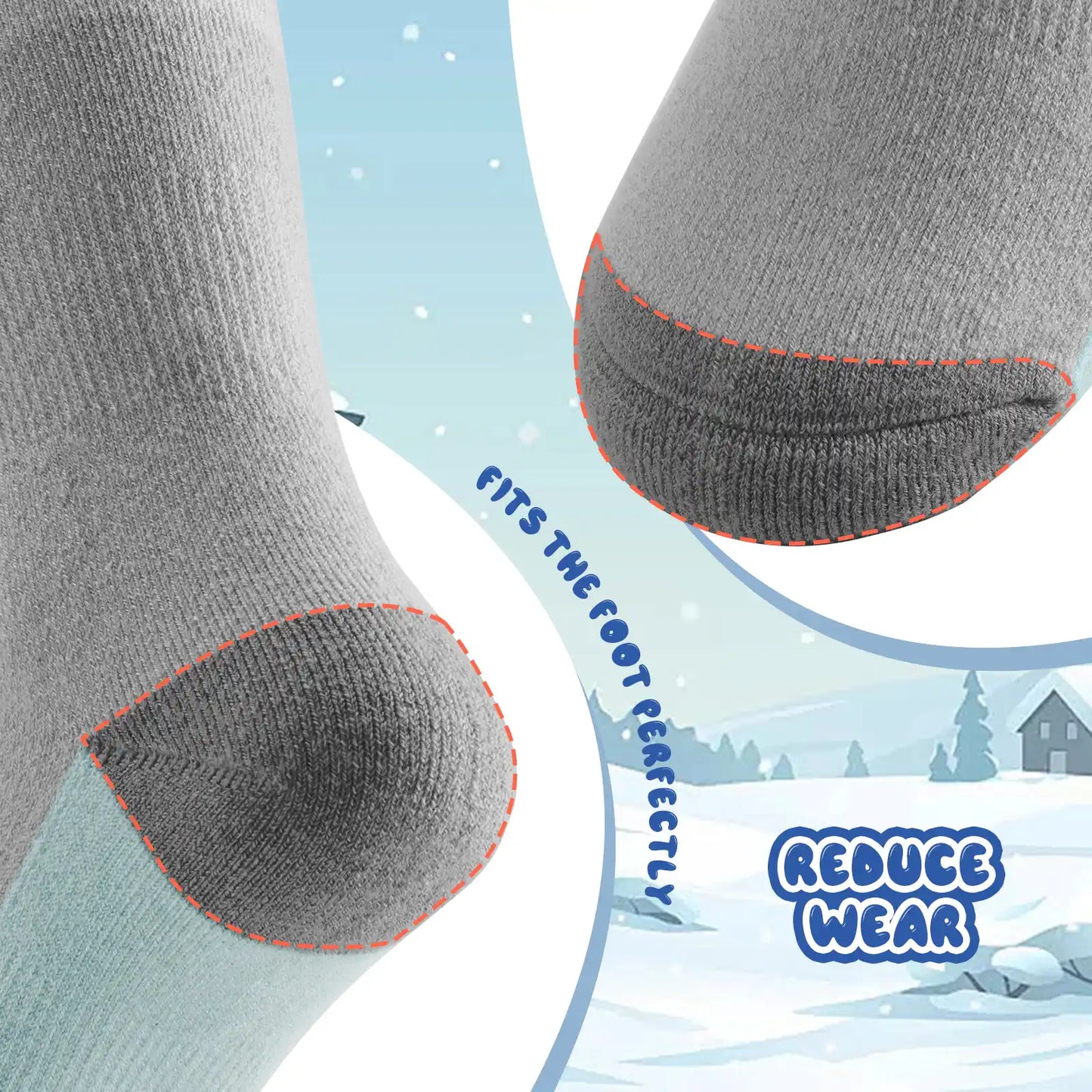 Gray socks with a winter scene background, highlighting comfort features.