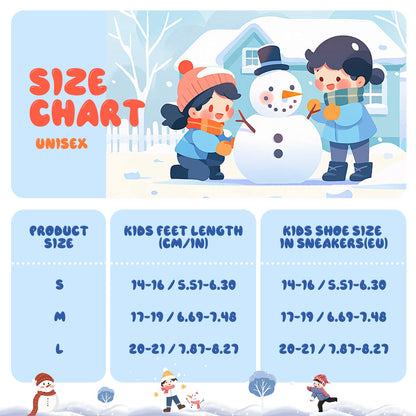 Size chart for children's shoes with a winter scene of kids and a snowman.