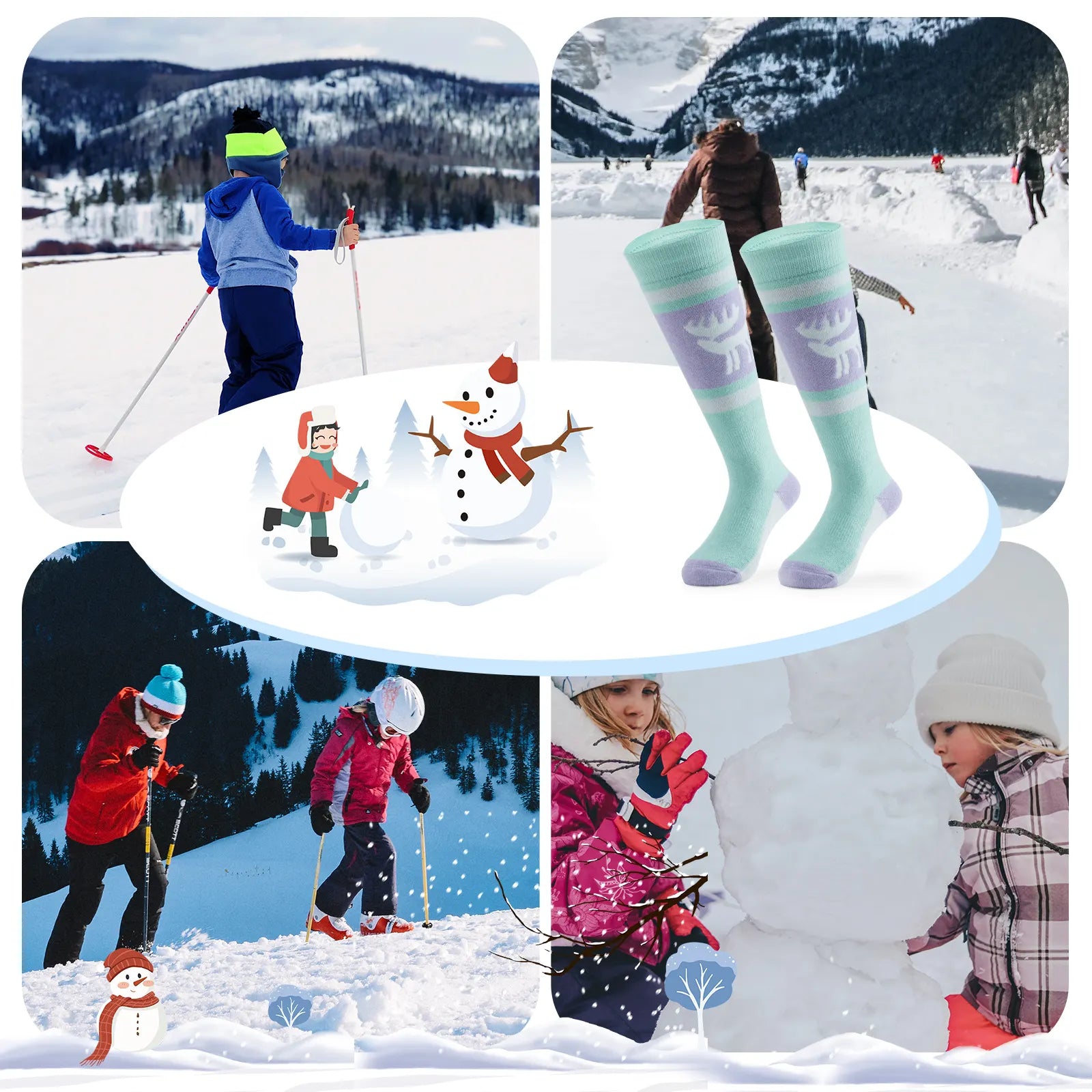 Collage of winter activities including skiing, snowboarding, and building a snowman with a focus on winter gear.