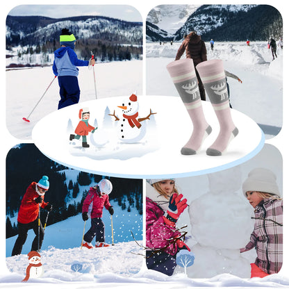 Collage of people skiing and snowshoeing with a snowman and winter activities.