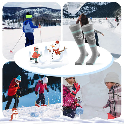 Collage of people skiing, snowboarding, and building a snowman with a focus on winter activities and snow-themed products.