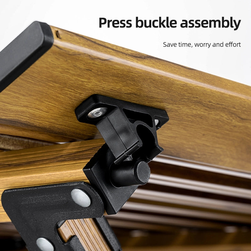 Press buckle assembly on a wooden surface with text 'Press buckle assembly' and 'Save time, worry and effort'.