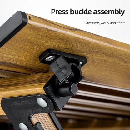 Press buckle assembly on a wooden surface with text 'Press buckle assembly' and 'Save time, worry and effort'.