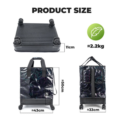Product size chart with a black suitcase and shopping cart, showing dimensions and weight.