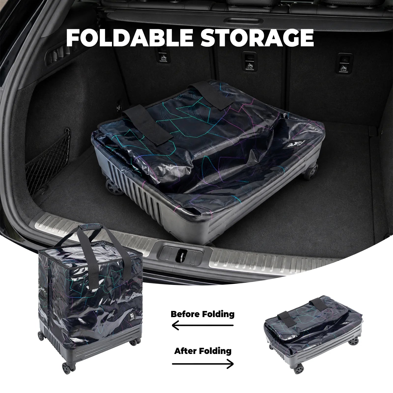 Foldable storage solution shown in a car trunk with before and after folding illustrations.