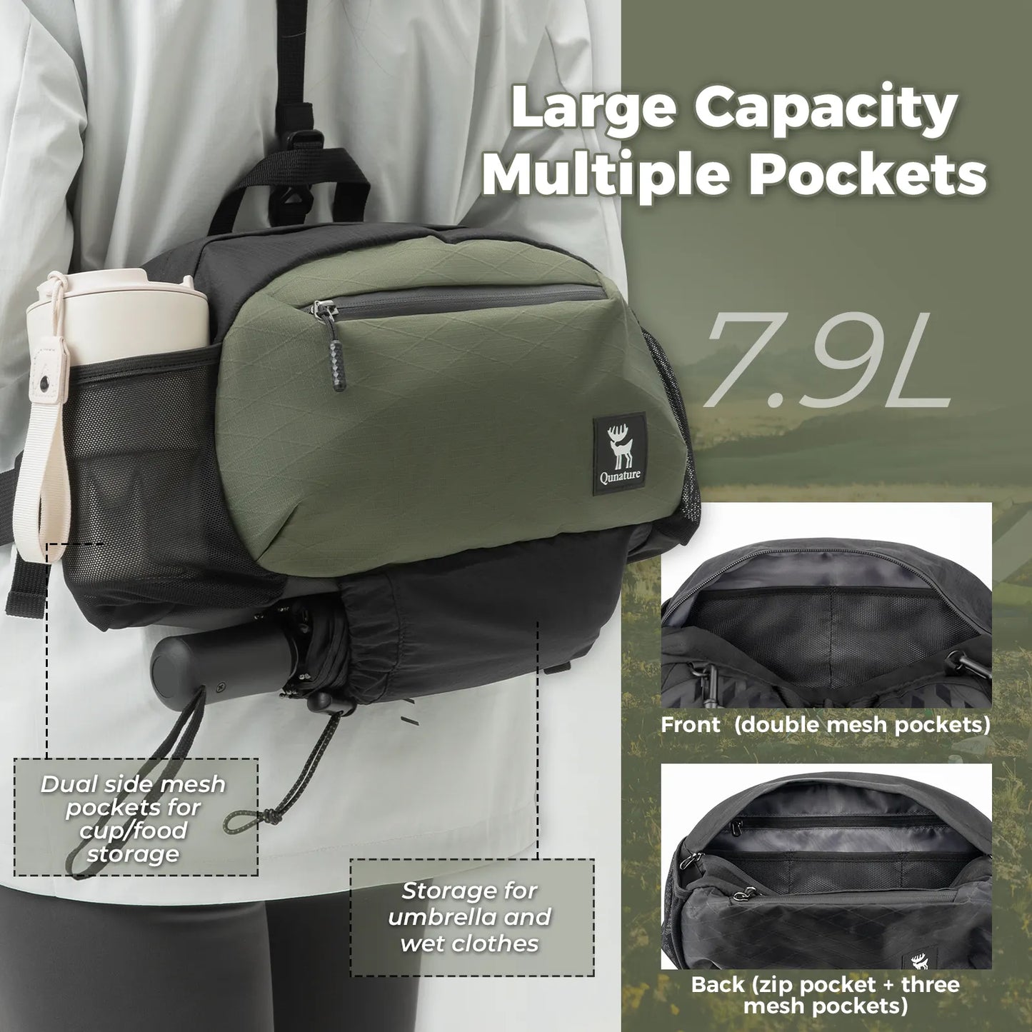 Green and black backpack with multiple pockets and storage features on a gray background