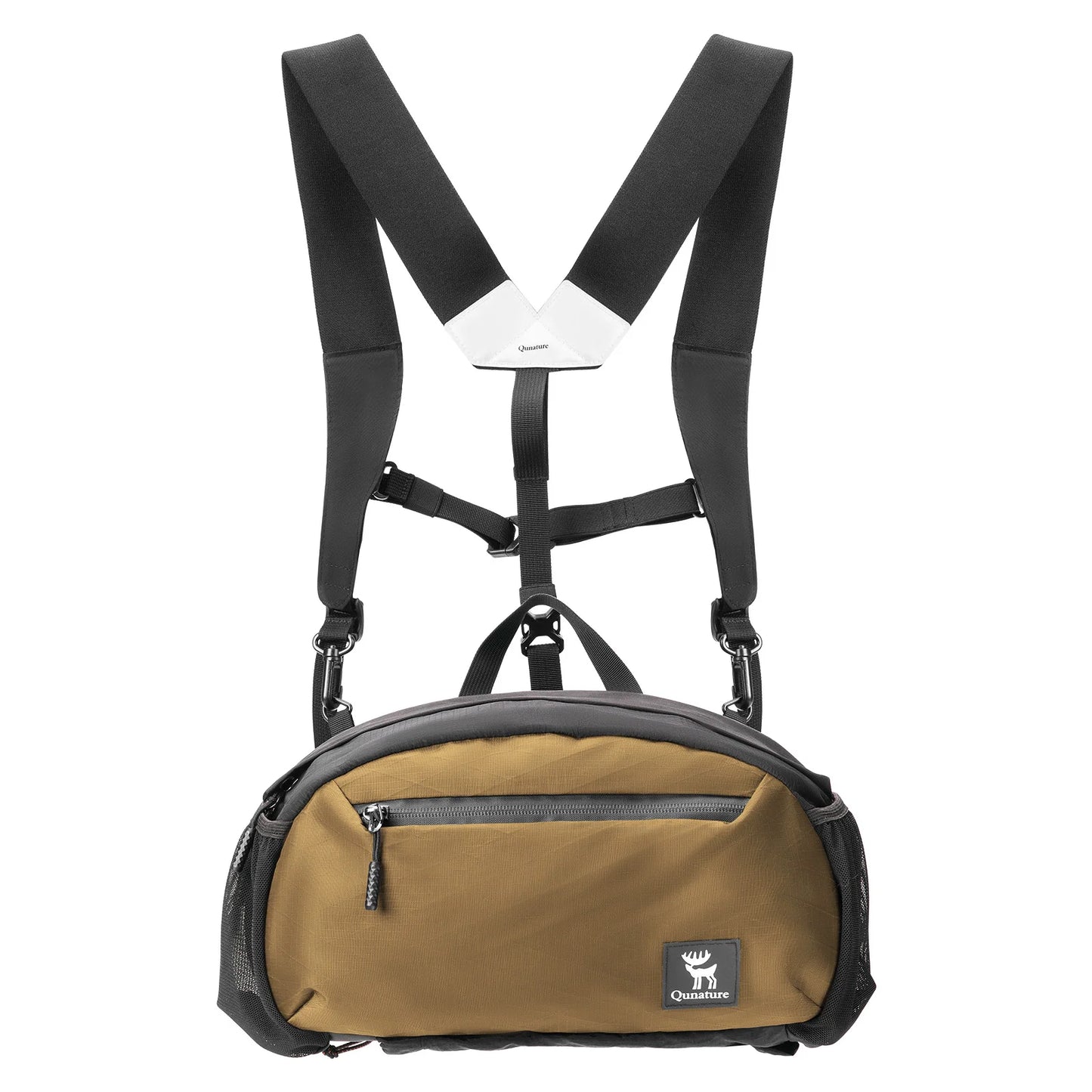 Black and brown bag with straps on a white background