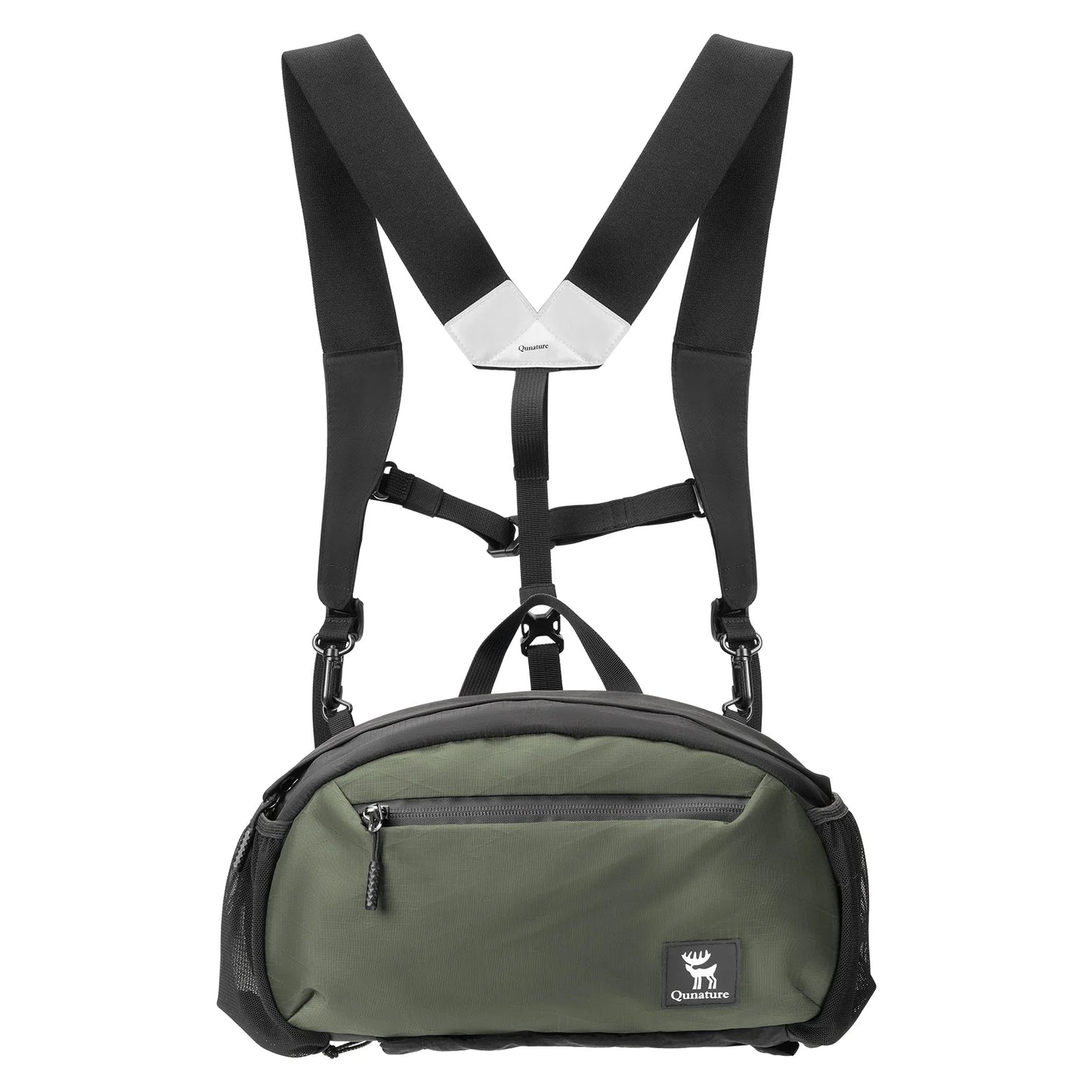 Green and black crossbody bag with adjustable straps on a white background