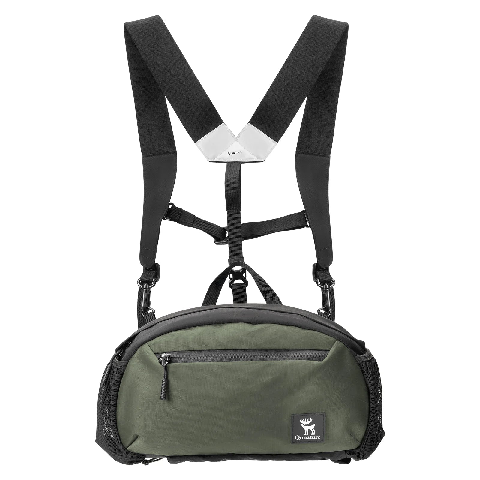 Green and black crossbody bag with adjustable straps on a white background