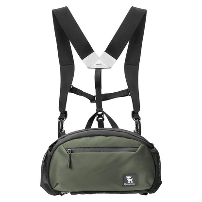 Green and black crossbody bag with adjustable straps on a white background