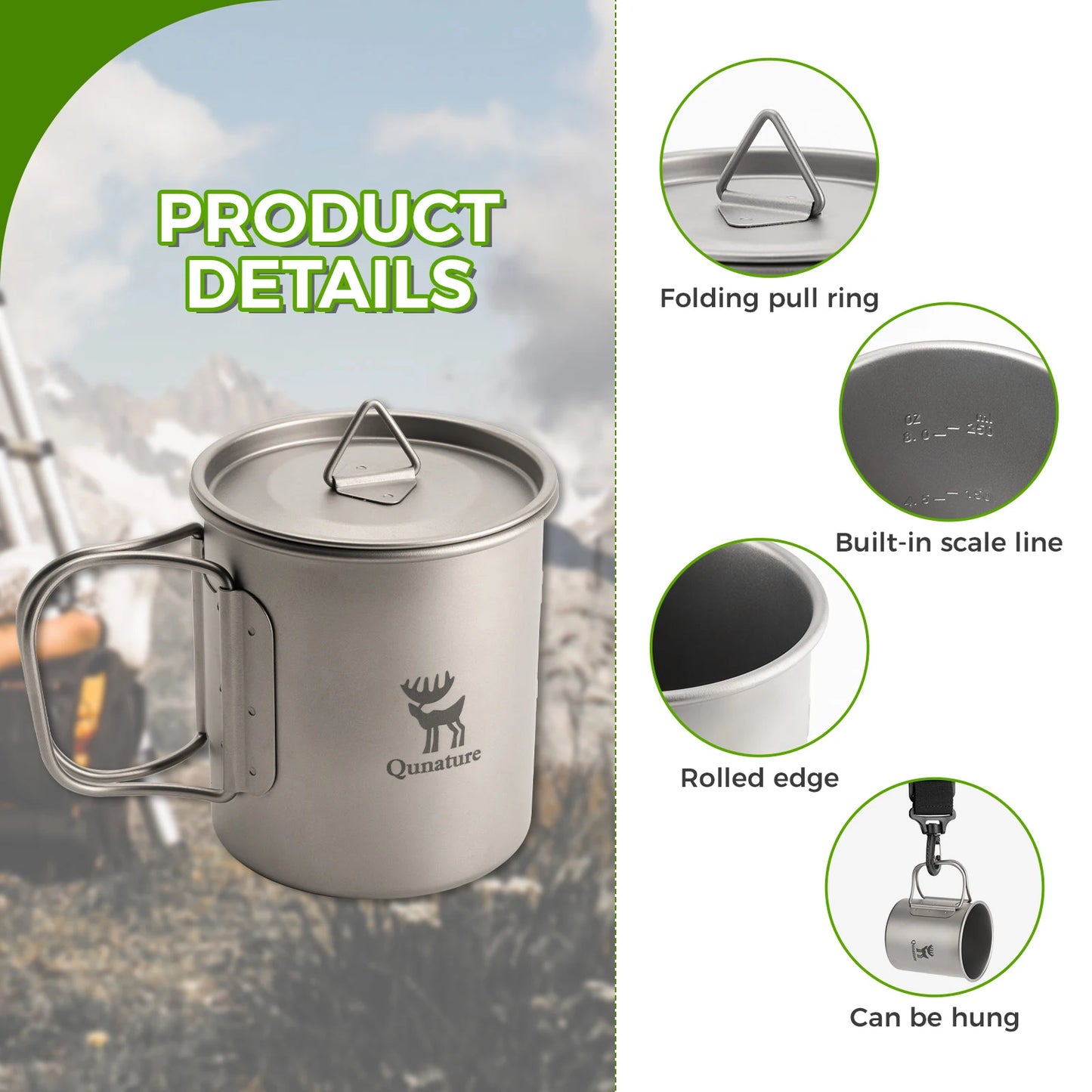 Titanium mug with features highlighted on a camping background