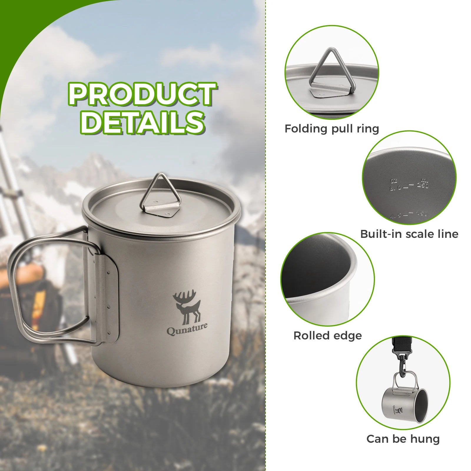 Titanium mug with features highlighted on a camping background