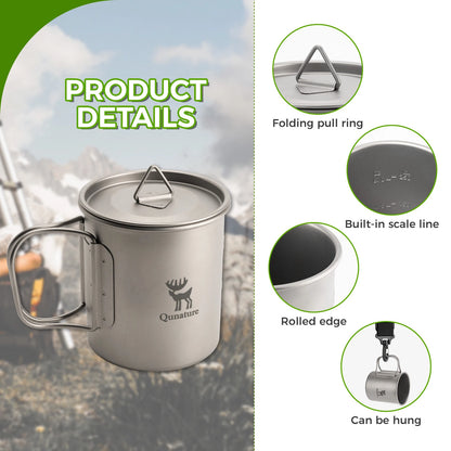 Titanium mug with features highlighted on a camping background