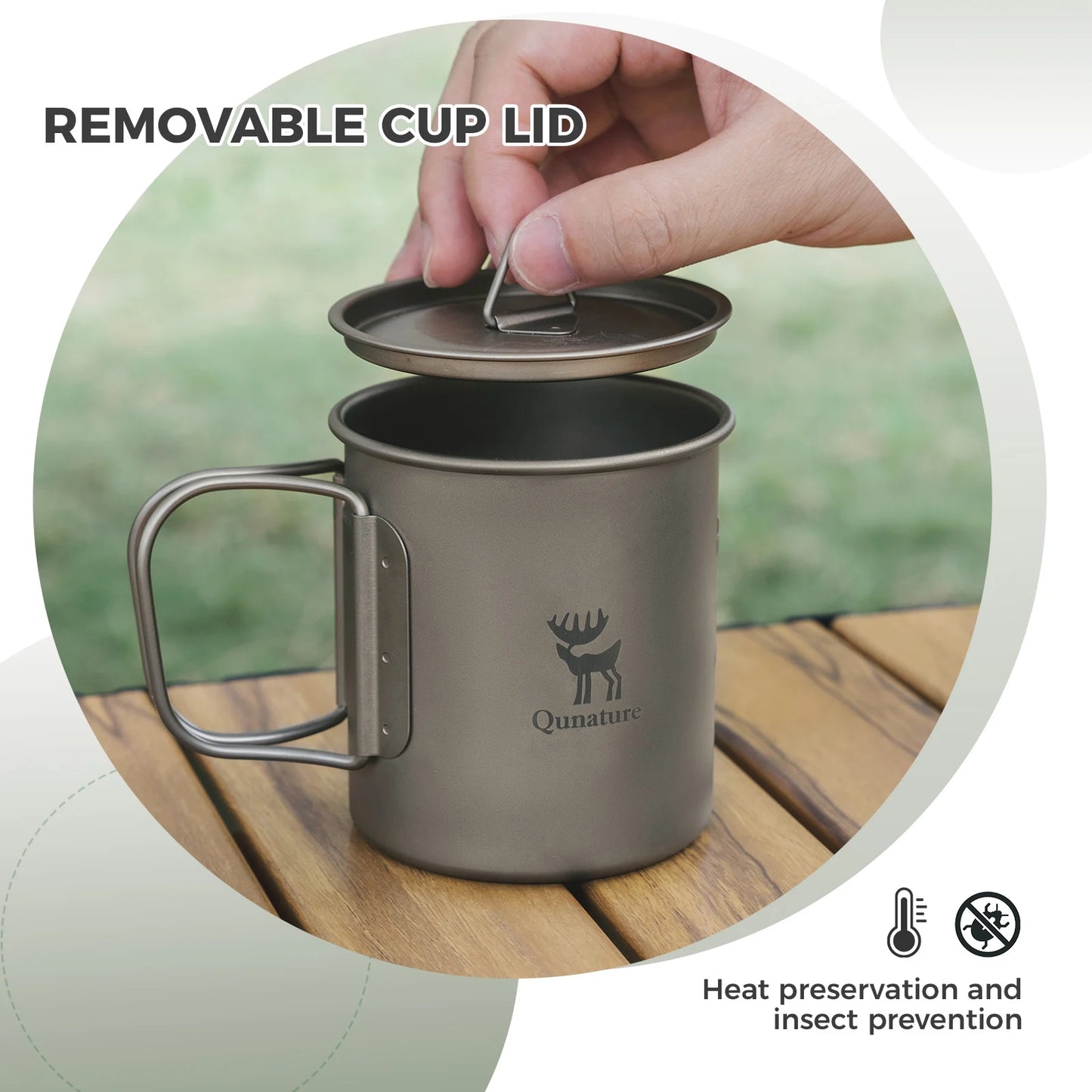 Metal mug with removable cup lid on a wooden surface, featuring the Qunature brand.
