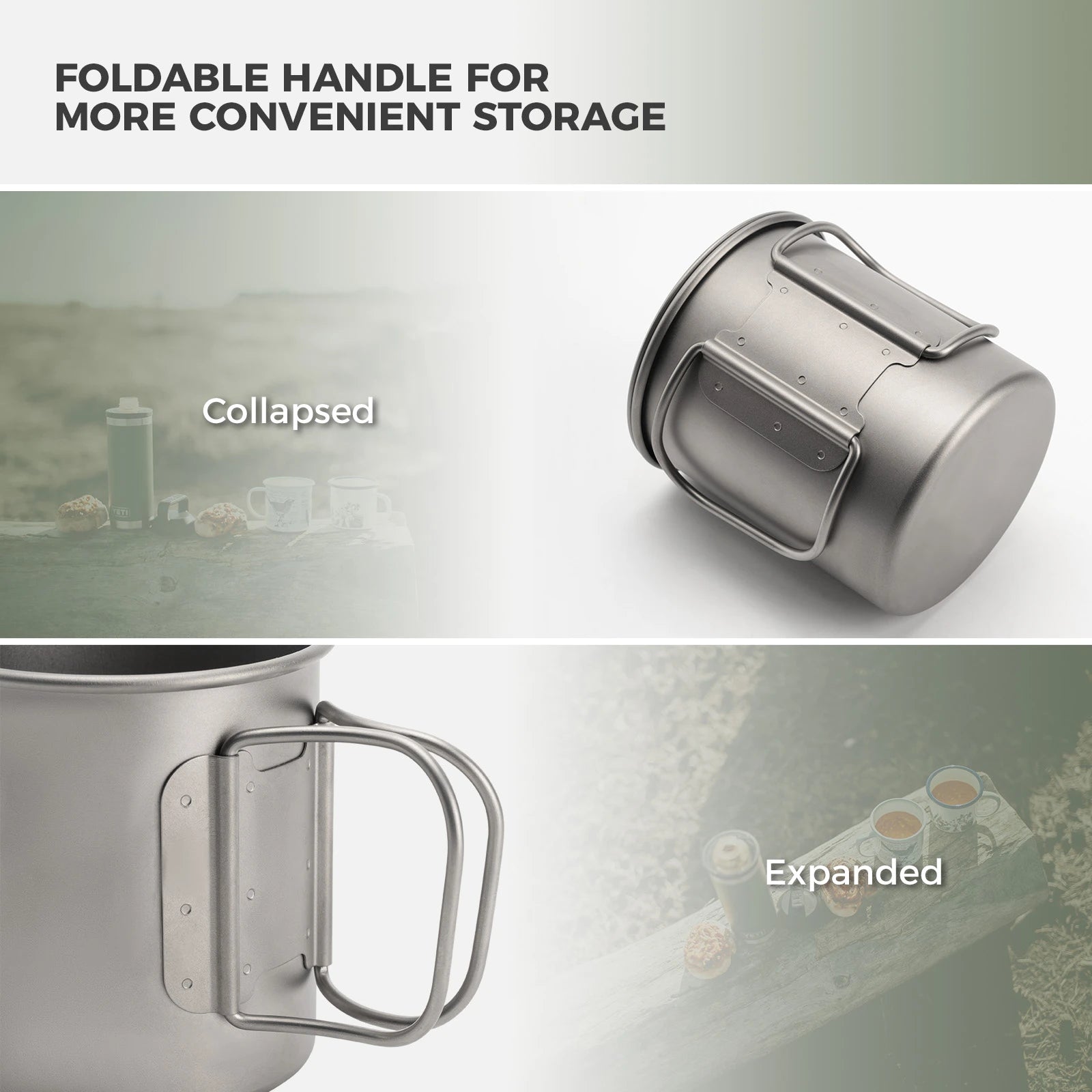 Collapsible mug with foldable handle shown in collapsed and expanded states on a light gray background.