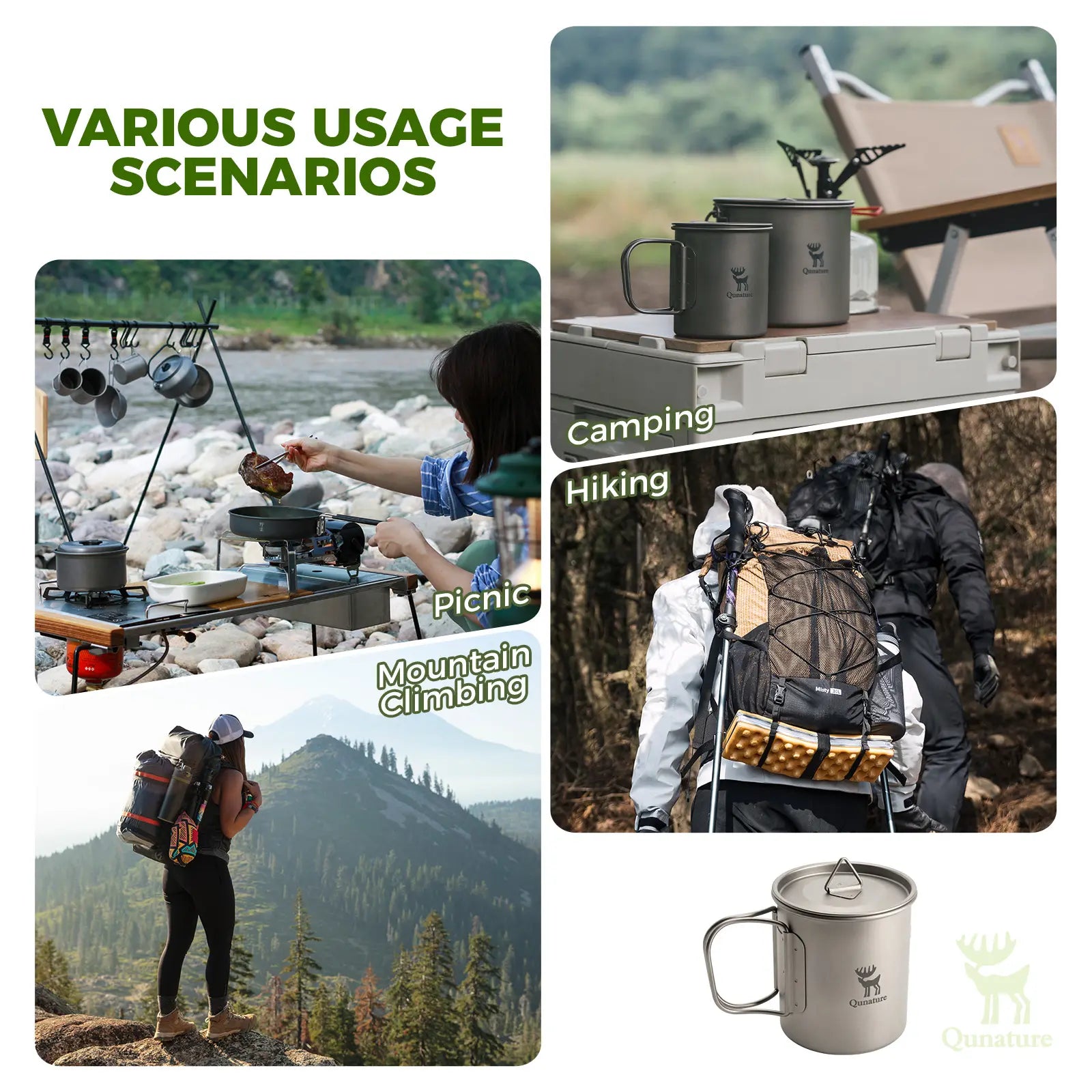Collage of camping and hiking scenarios with a mug, featuring various usage scenarios including camping, hiking, and mountain climbing.