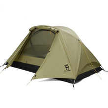 Green camping tent with a brand logo on a white background