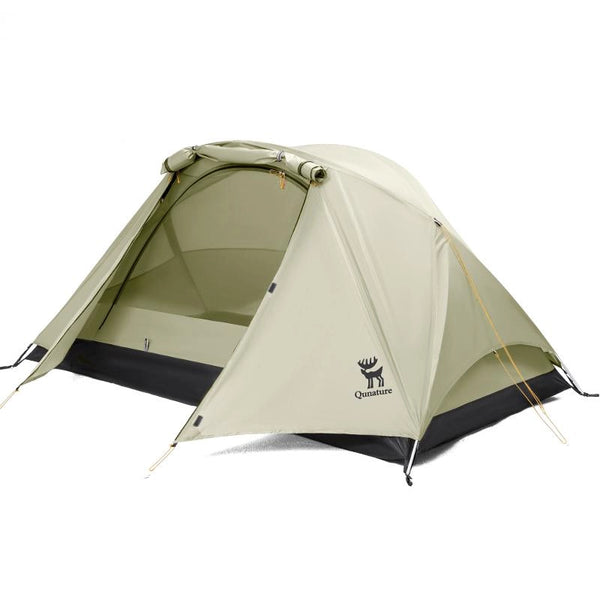 Beige white camping tent with a brand logo on a white background