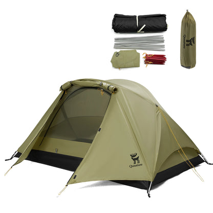 Green camping tent with accessories on a white background
