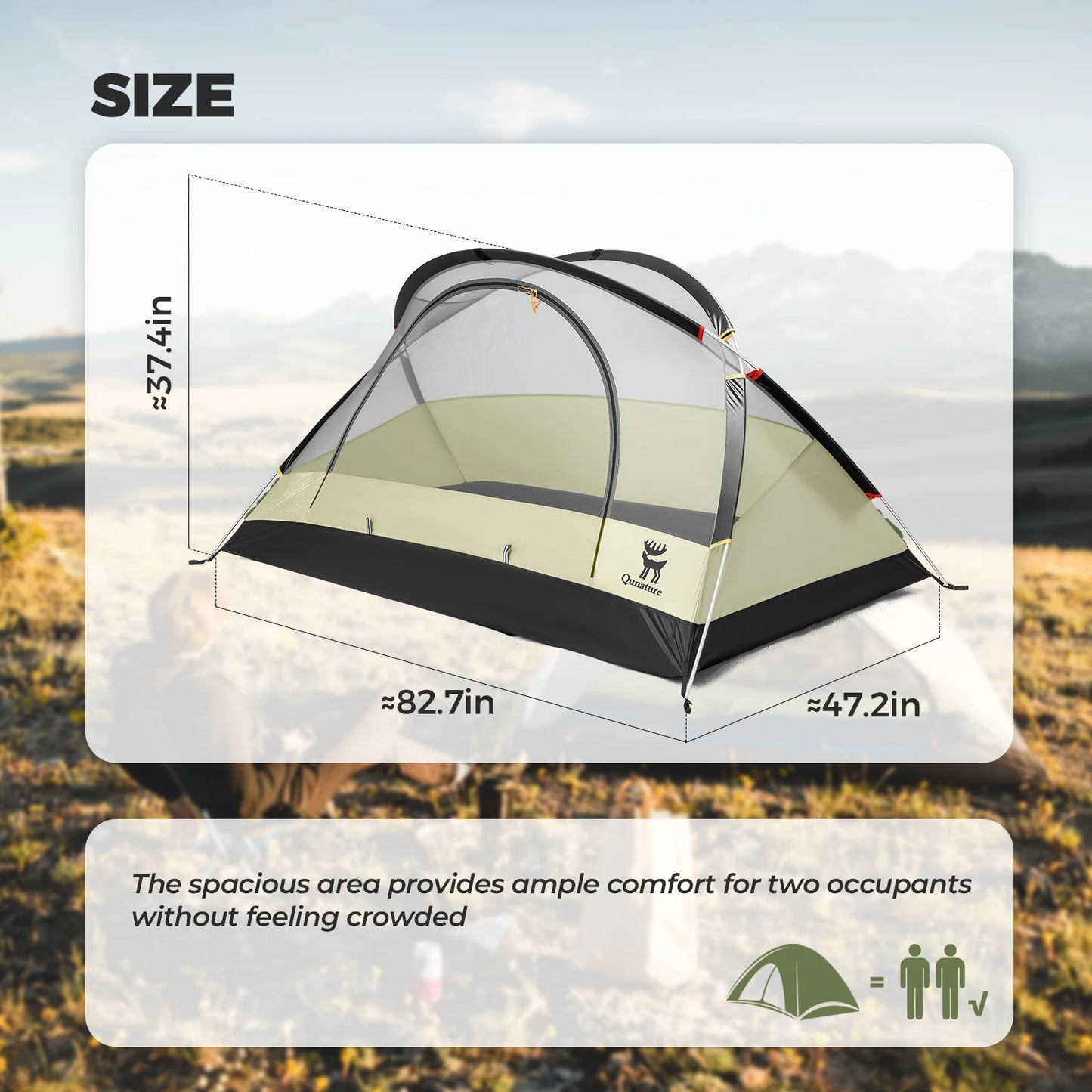Camping tent with dimensions displayed on a natural background