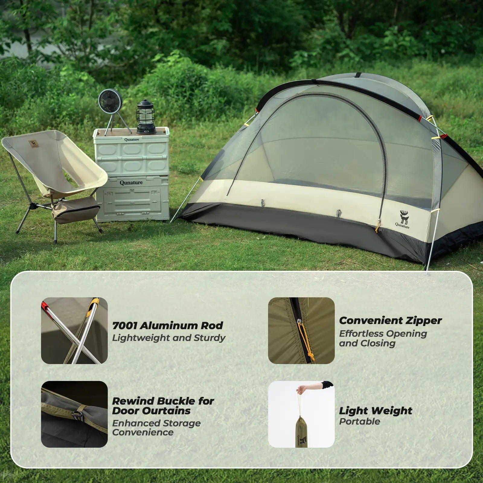 Camping setup with tent, chair, and cooler in a grassy area.