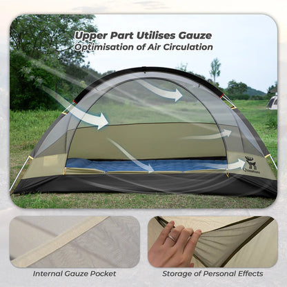 Camping tent with gauze optimization features on a grassy field background